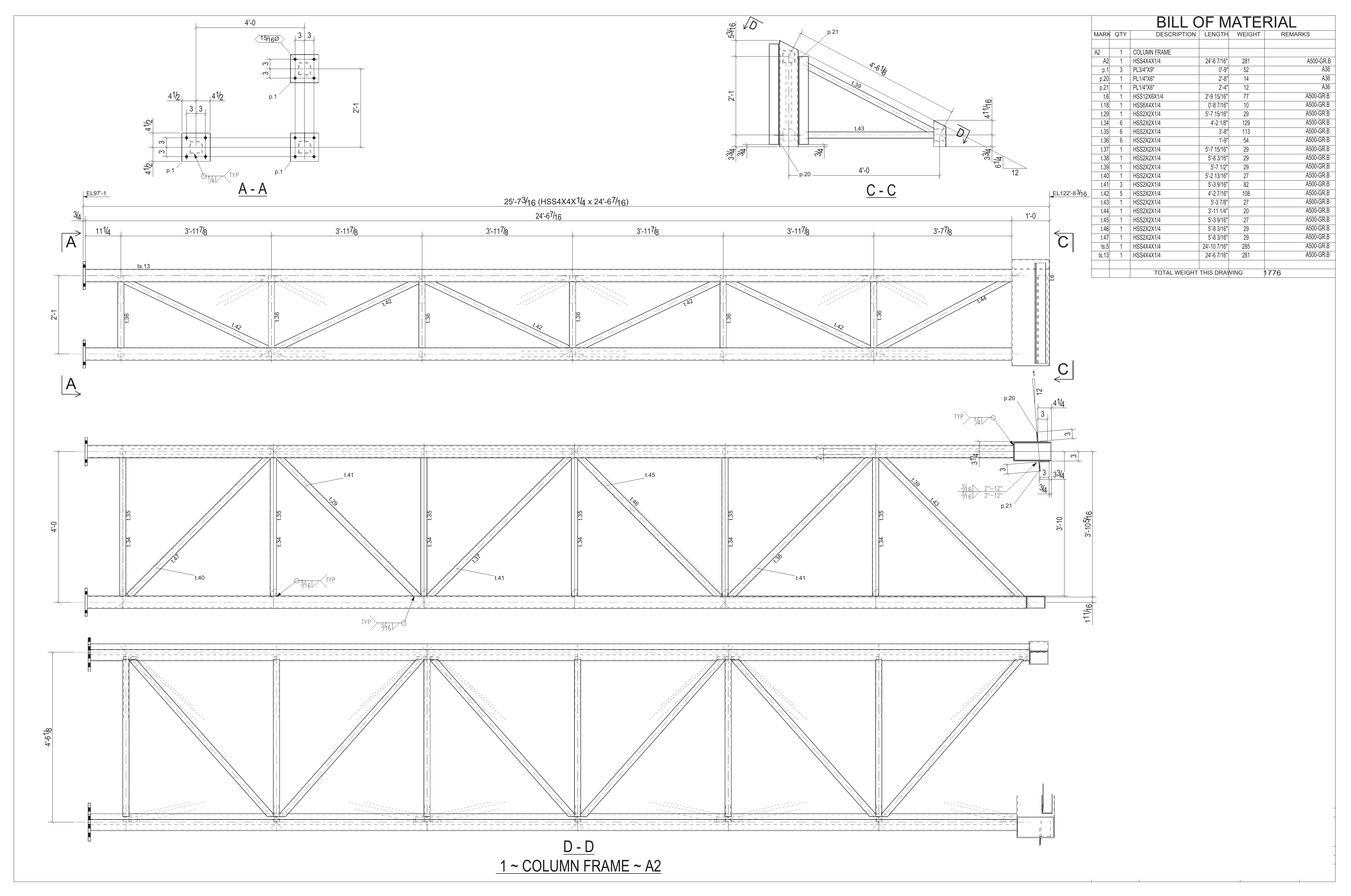 Structural shop drawing with column frame views, dimensions and material schedule