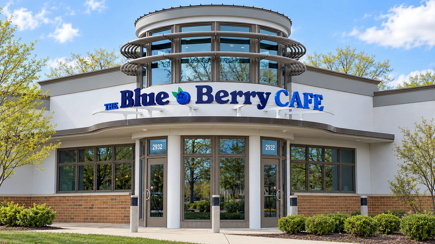 The Blueberry Cafe’s blue fabricated aluminum letters and berry logo across its curved Kettering entrance