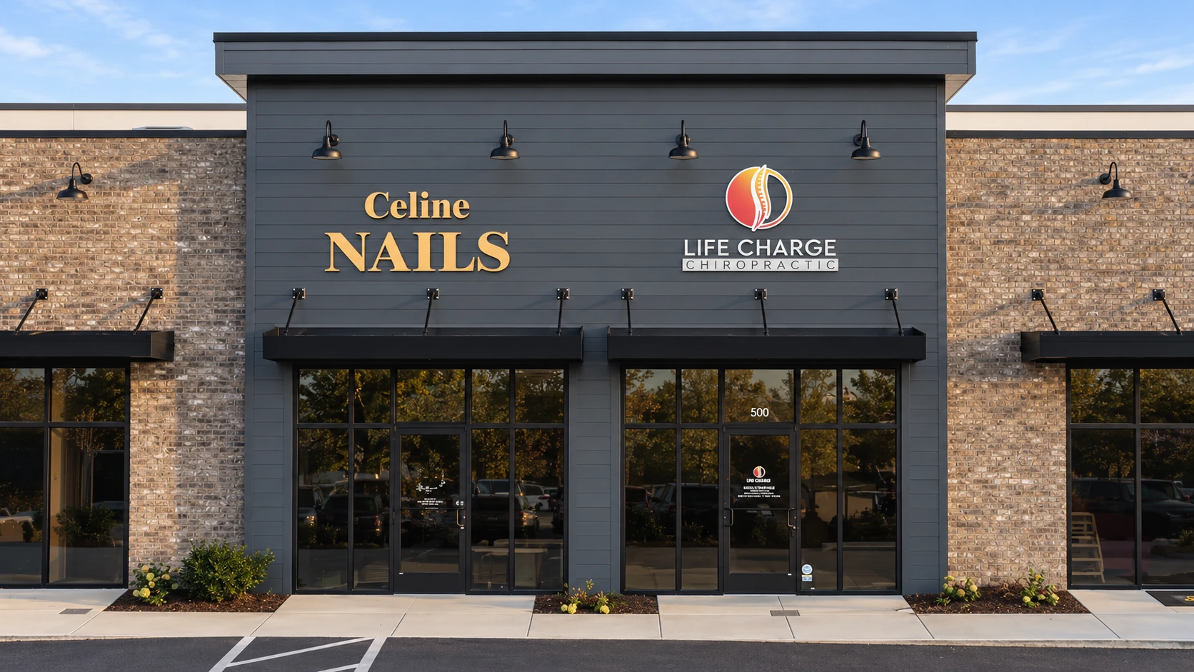 Gold-finish Celine Nails letters above the storefront entrance
