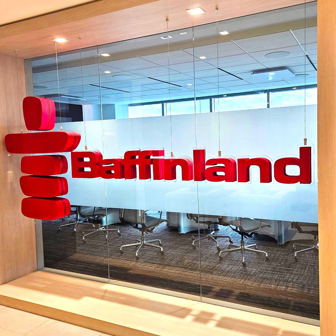 Red acrylic-faced foam lettering with substantial depth in an office entrance